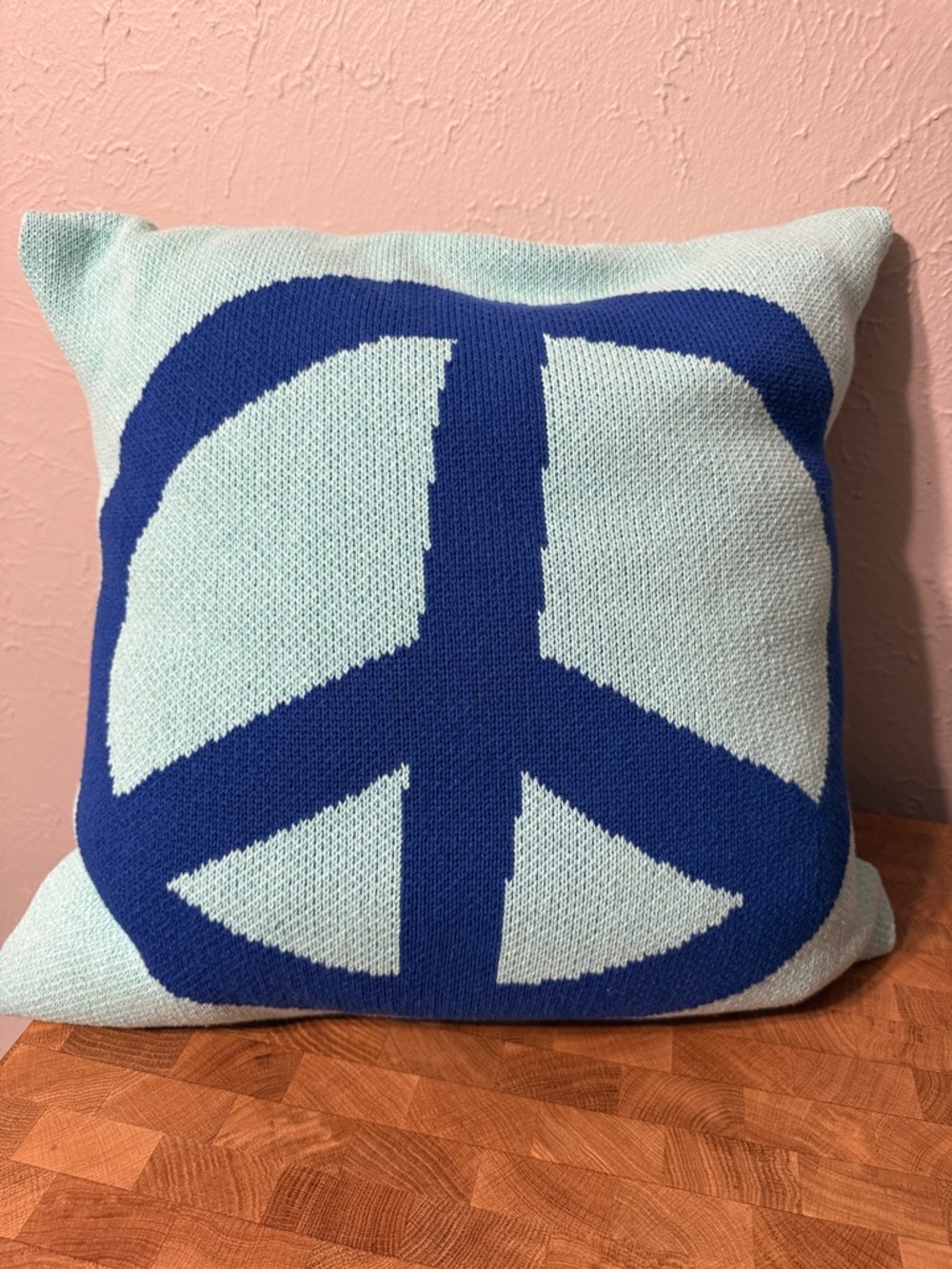 Aqua Knit Throw Pillow with Blue Peace Sign - Decorative Accent Cushion